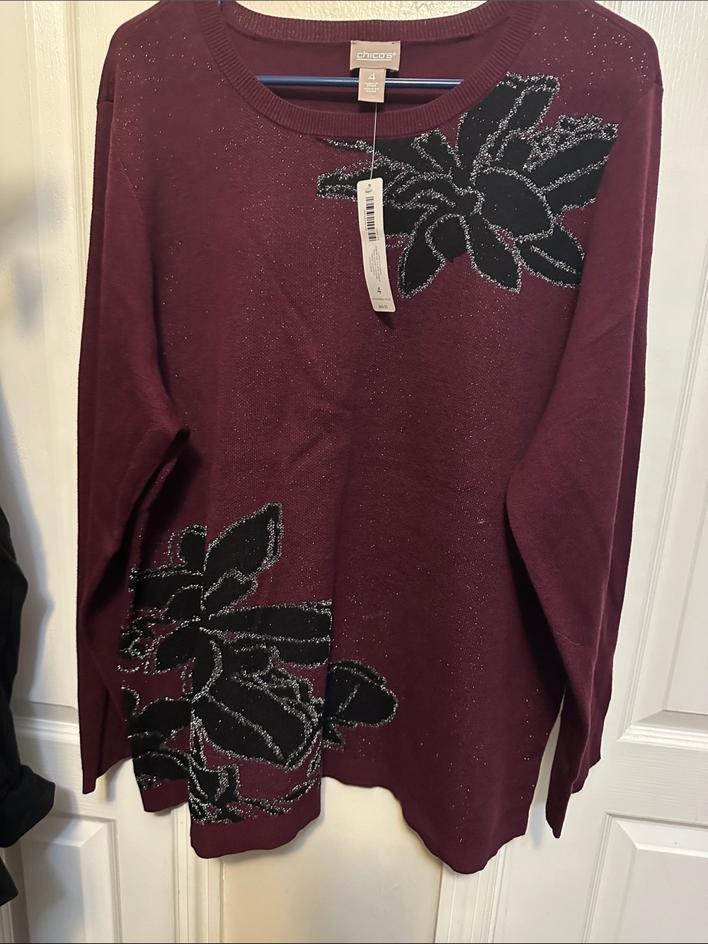 Chico's Metallic Berry Floral Crewneck Sweater